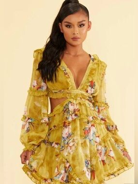 🌼EDITE MODE YELLOW FLORAL RUFFLE CUT OUT LONG SLEEVE DRESS SIZE LARGE🌼